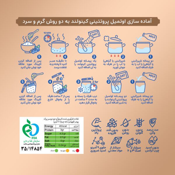 صبحانه رژیمی فوری اوتمیل و دانه چیا و دانه کینوا با طعم کاکائو